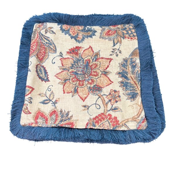 Decorative Square Pillow Cover Floral Blue Fringe Border 17"x17" Set of 2 - Picture 2 of 9